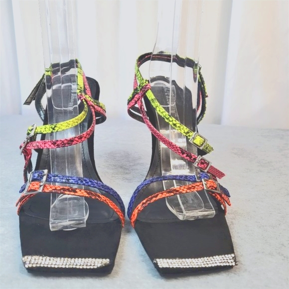 Neon Snake Square Toe Cross Strap Slingback High Heel Shoes Paradox - Picture 3 of 10